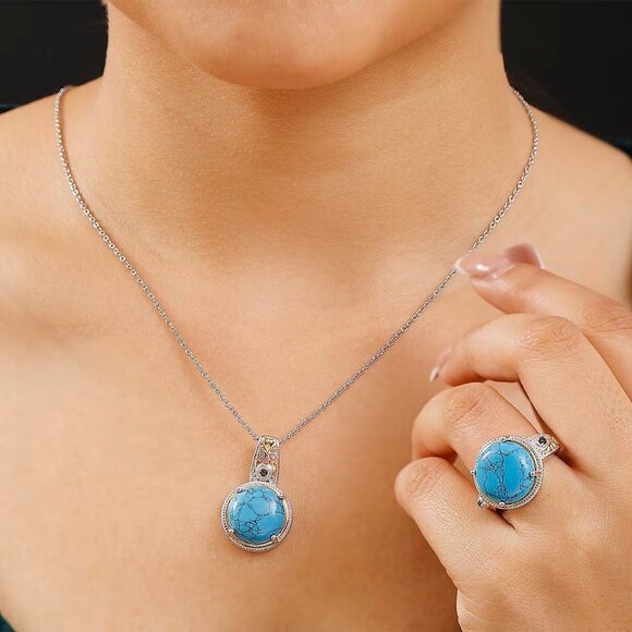 Blue Howlite and Brazilian Smoky Quartz Ring S-7 & Pendant & 20" Chain Set - Picture 2 of 2